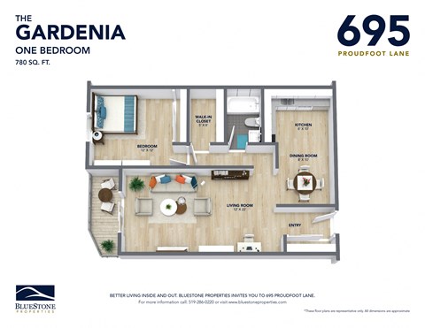 Floor plan for 1 bed, 1 bath, 780 sqft